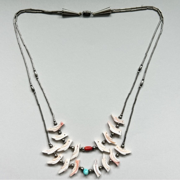 Vintage Southwestern Two Strand Fetish Turquoise Coral Sterling Silver Necklace - Picture 5 of 13